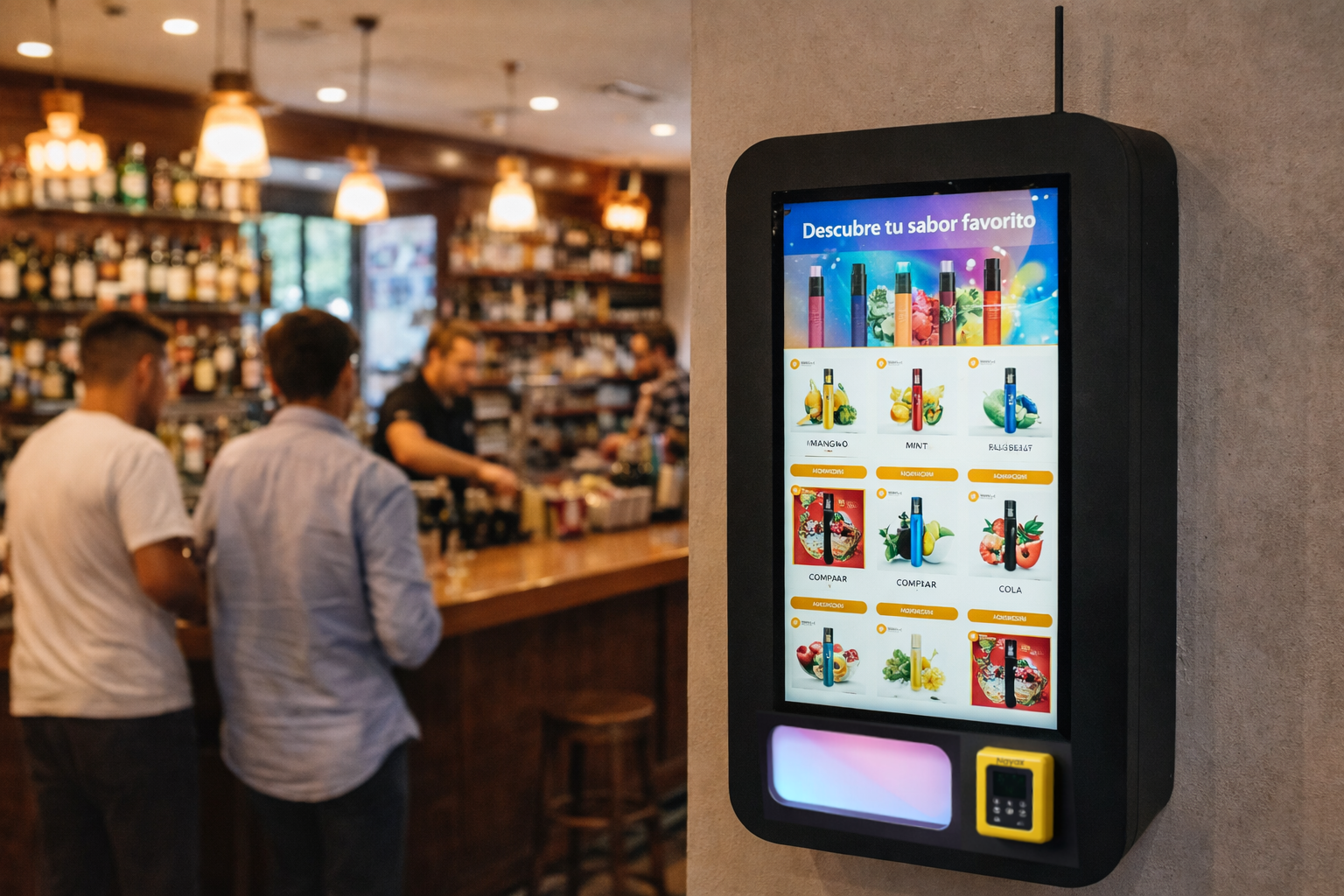 Máquina expendedora de vapers desechables en bar, generando ingresos automáticos, con pantalla mostrando 12 productos de vapers de diferentes sabores