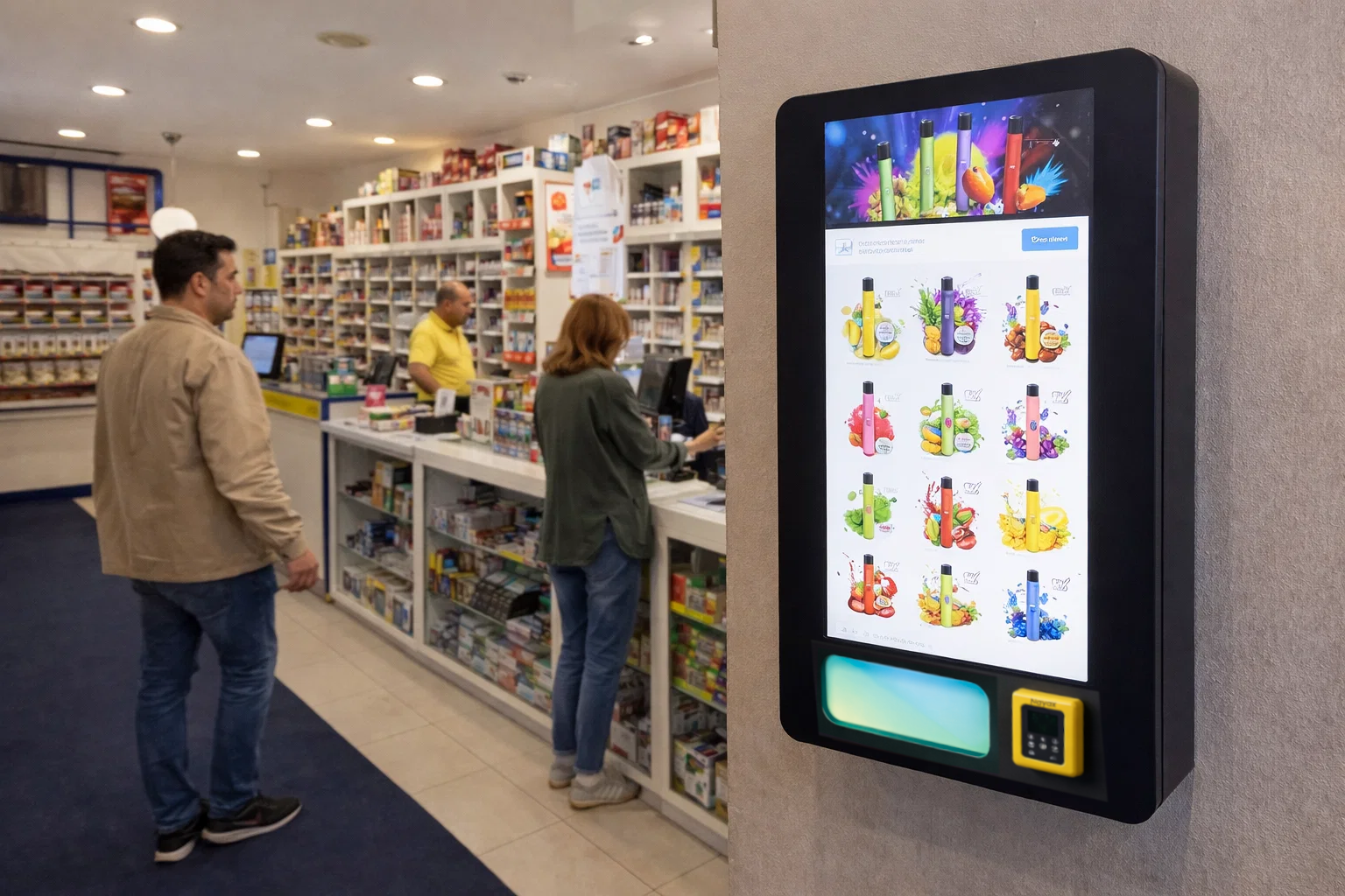 Máquina expendedora de vapers instalada en estanco en Barcelona con pantalla táctil mostrando diferentes vapers desechables para venta automática