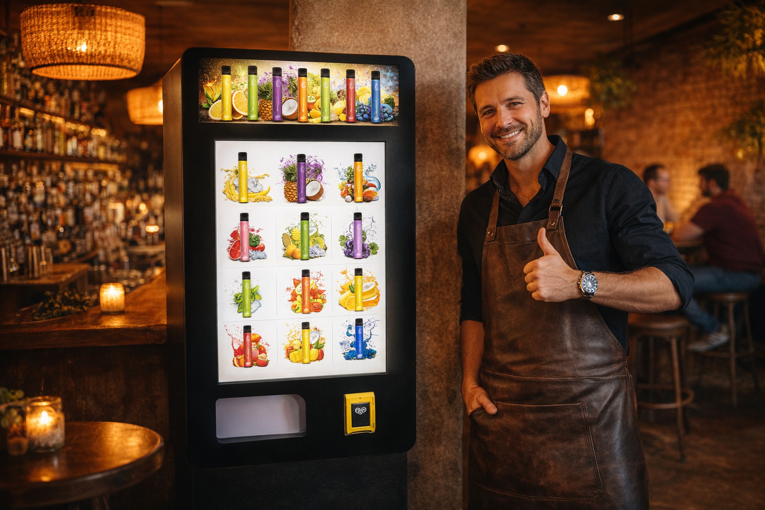 Máquina expendedora de vapers desechables en bar, generando ingresos automáticos, con pantalla mostrando 12 productos de vapers de diferentes sabores