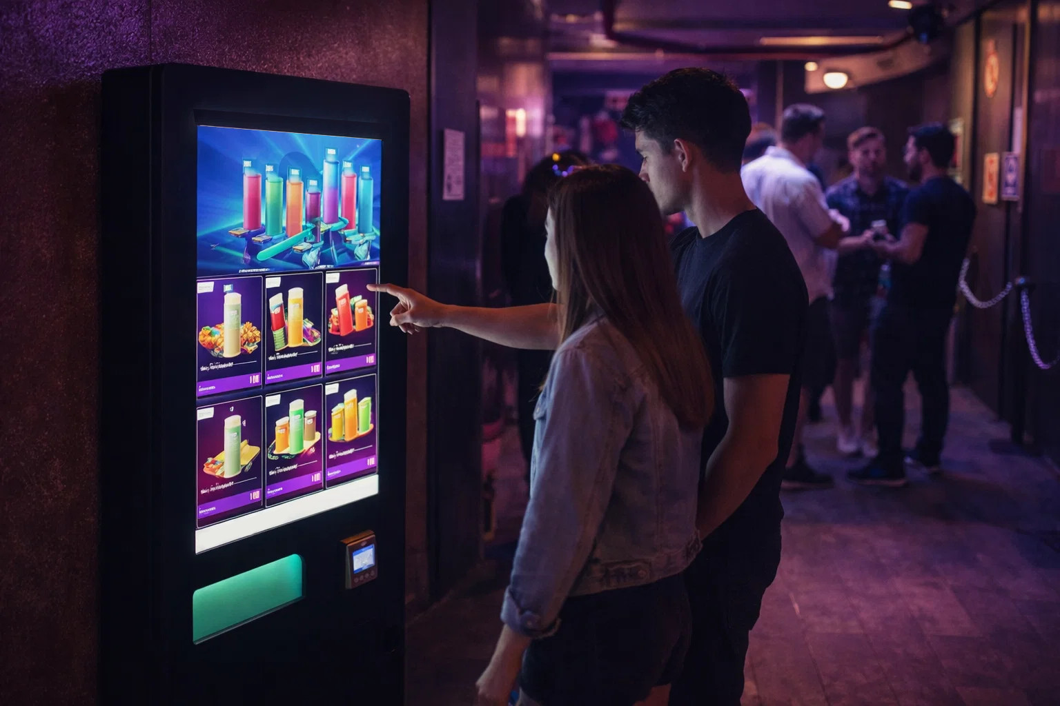 Máquina expendedora de vapers instalada en discoteca en Valencia con pantalla táctil mostrando diferentes vapers desechables para venta automática