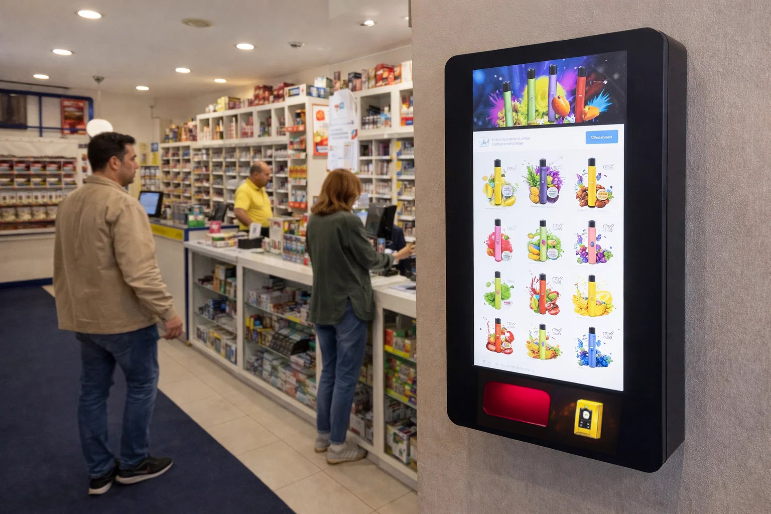 Máquina expendedora de vapers instalada en estanco en Barcelona con pantalla táctil mostrando diferentes vapers desechables para venta automática