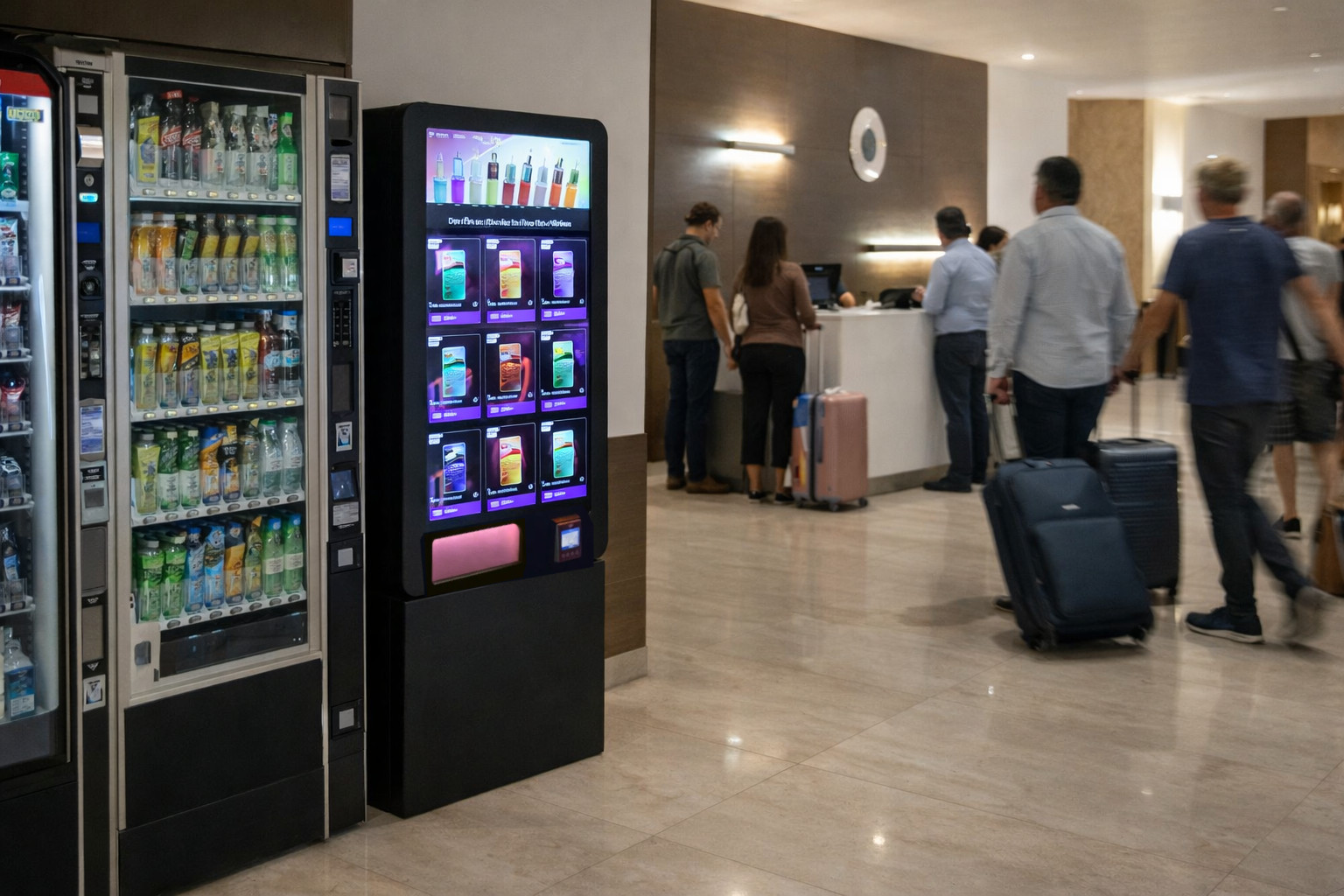 Máquina expendedora de vapers instalada en lobby de hotel en Sevilla ofreciendo venta automática de vapers para clientes