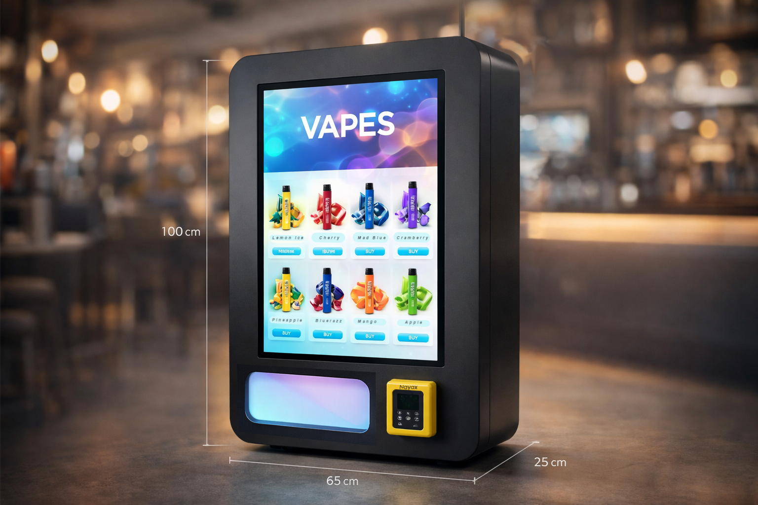Máquina expendedora de vapers con pantalla táctil en local
